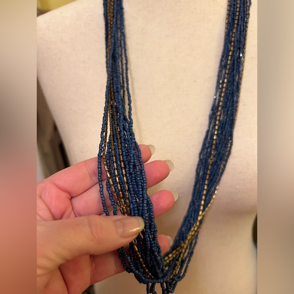 Avenue Blue and Gold Layered Seed Bead Necklace EUC - Picture 2 of 7